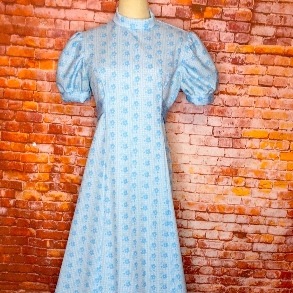 Vintage 70s  Blue Handmade Groovy Flower Power Maxi Dress